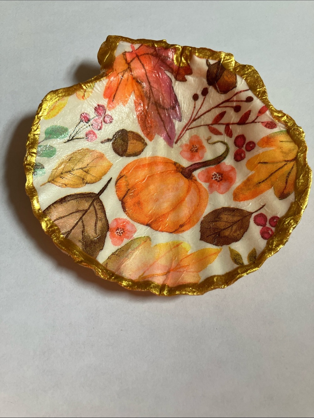 Fall Handcrafted Seashell Decoupage 4-5 inch Leaves Pumpkin Chestnuts